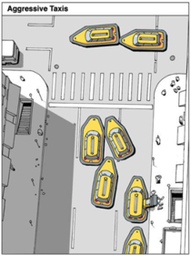 AGGRESSIVE TAXI: On the street, it engages in brutal acts of pushing and crowding. AGGRESSIVE TAXI: On the street, it engages in brutal acts of pushing and crowding.